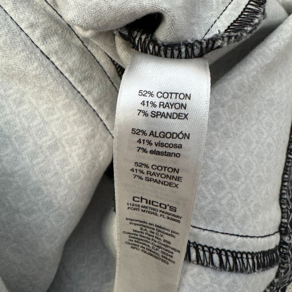 Chicos Black & White Button-Up Jacket Geometric Pattern Ruche Sleeve & Pockets 2 - Picture 9 of 13